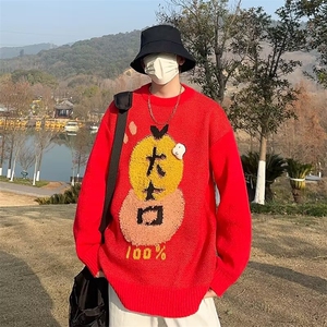 美式圆领毛衣男慵懒风休闲针织衫M5677P53,复古穿搭港风头像动漫图片