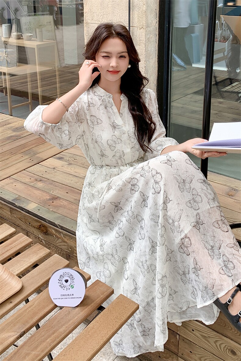 法式V领碎花连衣裙女2025春夏新款高腰显瘦惊艳绝美茶歇裙长裙子,女装连衣裙,天使之佳话