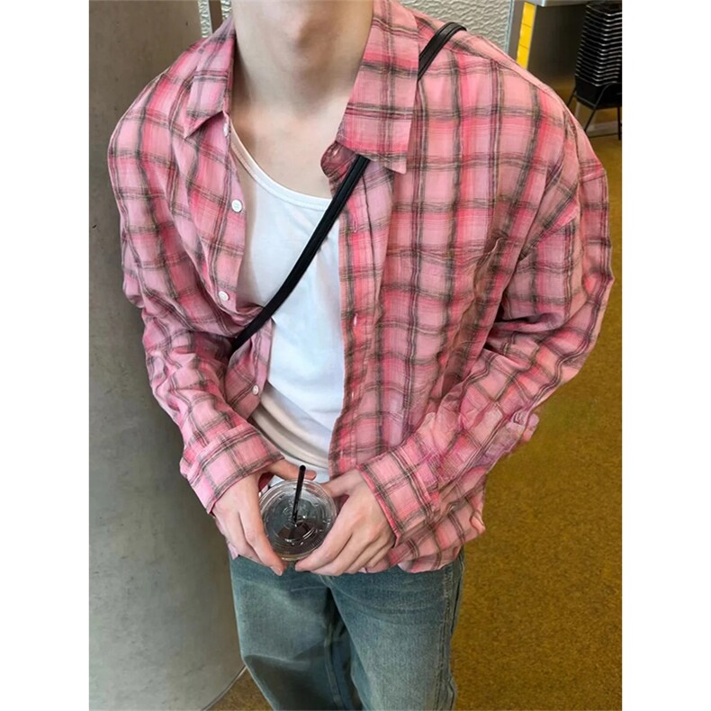 大货已备夏季宽松休闲防晒衬衣美式格子褶皱长袖衬衫CS003-P45,男装防晒衣,星座1004-3