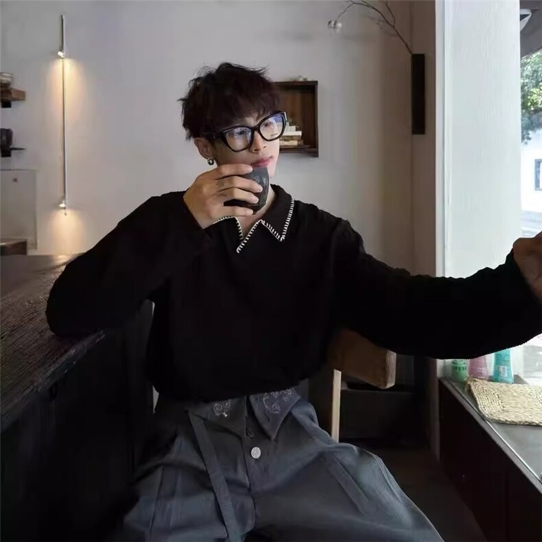 韩 手缝线 线麦穗纹针织亨利领长袖T恤柔软舒适亲肤百搭毛衣图片