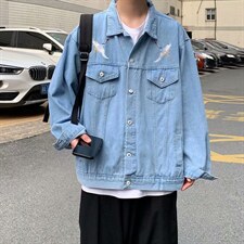 复古做旧刺绣仙鹤牛仔外套男秋bf百搭宽松工装情侣外套W1086-P50，男装夹克，星座512-4