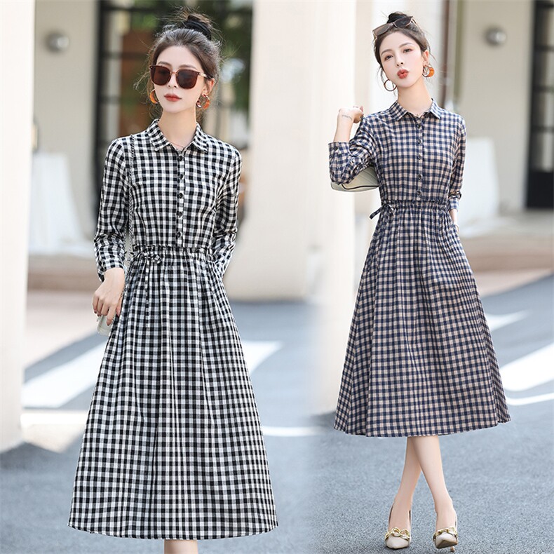 黑白格子连衣裙女2025春秋新款复古气质中长款收腰显瘦衬衫领裙子，女装连衣裙，鑫思依格