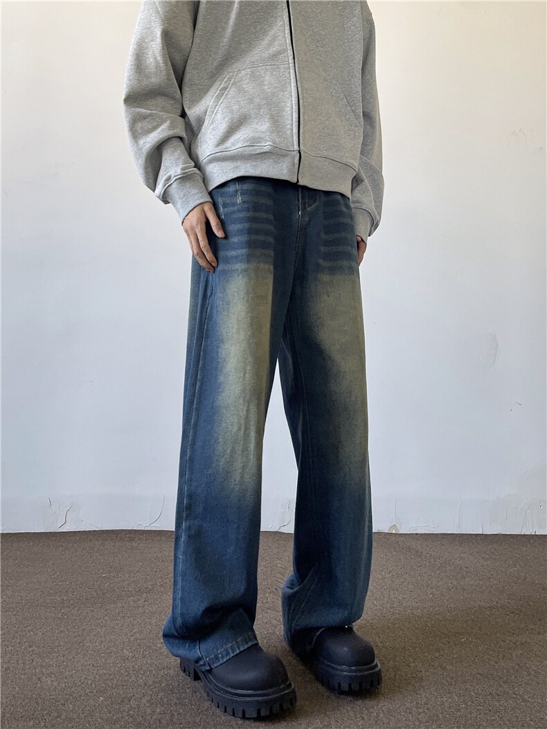 春秋新款美式复古牛仔裤男潮牌水洗设计感痞帅阔腿直筒裤子,男装牛仔裤,星座310A-4