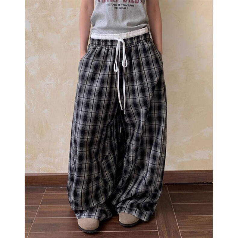 松弛感慵懒风黑白格纹垂感拖地裤女宽松夏季阔腿休闲裤L90288-P49，男装休闲裤，星座1008-1
