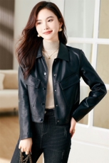 皮衣外套女2024新款春秋天小个子港风复古时尚修身短款翻领皮夹克，女装皮衣，缘衣格