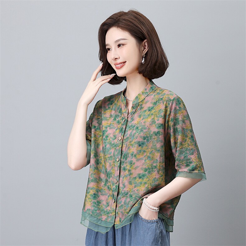 叶笙衣夏季新款女装宽松显瘦印花短袖衬衫上衣时尚百搭休闲衬衣,女装衬衫,叶笙衣