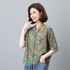叶笙衣夏季新款女装宽松显瘦印花短袖衬衫上衣时尚百搭休闲衬衣，女装衬衫，叶笙衣