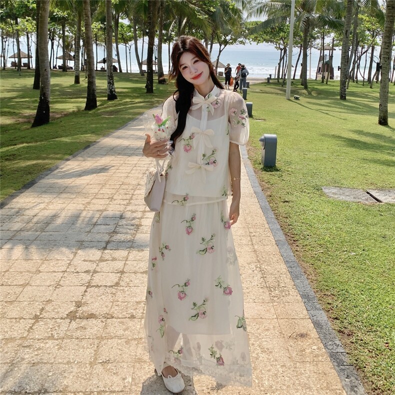 薄纱刺绣蝴蝶结上衣小吊带半身裙套装女2025夏新款绝美气质三件套,女装套装/套裙,含赞