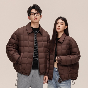 标90%轻薄款复古棋盘格翻领羽绒服男女同款秋冬季防寒外套P210图片