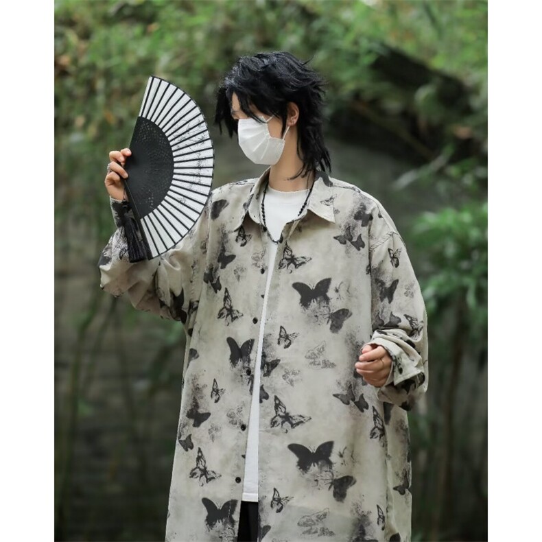 垂感免烫短袖衬衫 男夏季上衣潮流宽松半袖蝴蝶花衬衣 C4551图片