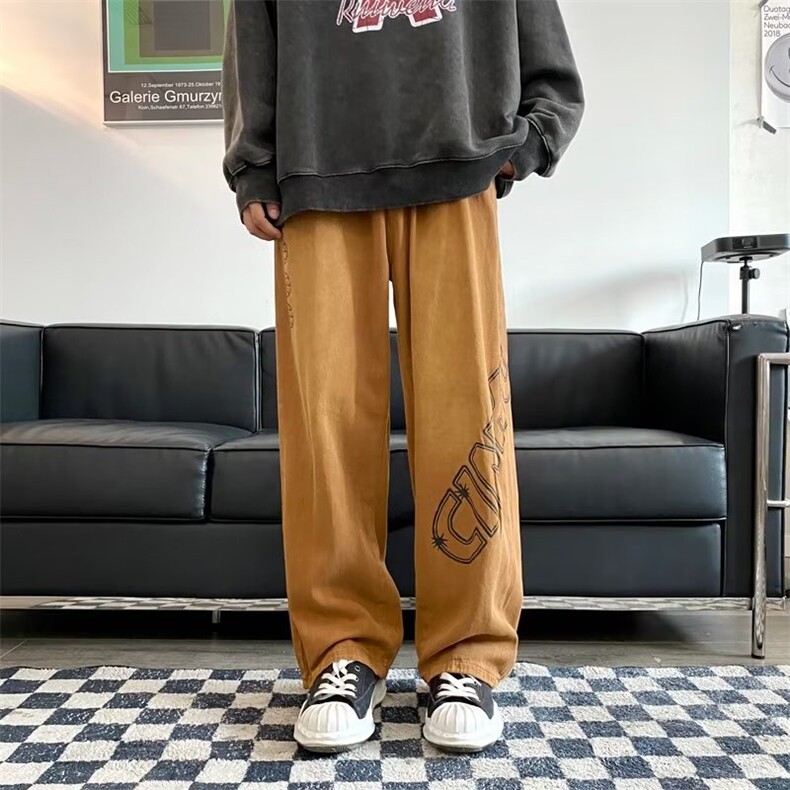 美式街头牛仔裤男字母印花高街休闲ins潮流宽松阔腿裤NK0432-P45,男装牛仔裤,星座1008