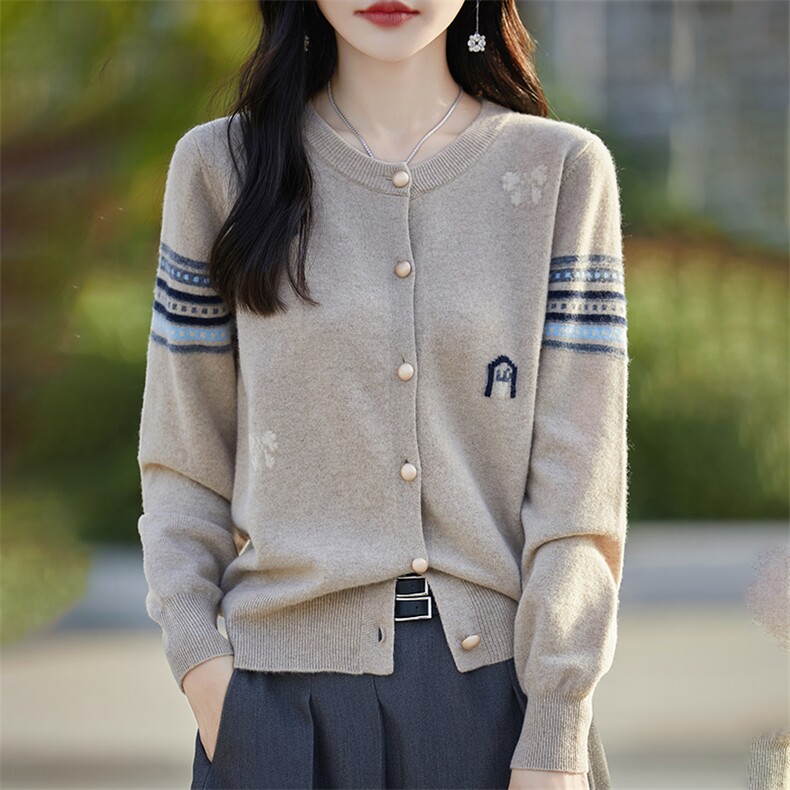 24秋冬100%纯羊毛开衫女圆领撞色提花长袖毛衣宽松甜美羊绒衫外套,女装羊绒衫,科源羊绒
