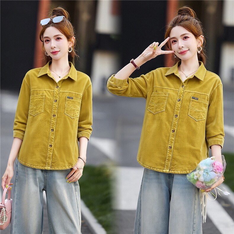 衬衫女灯芯绒纯色外套上衣，女装衬衫，芙芮