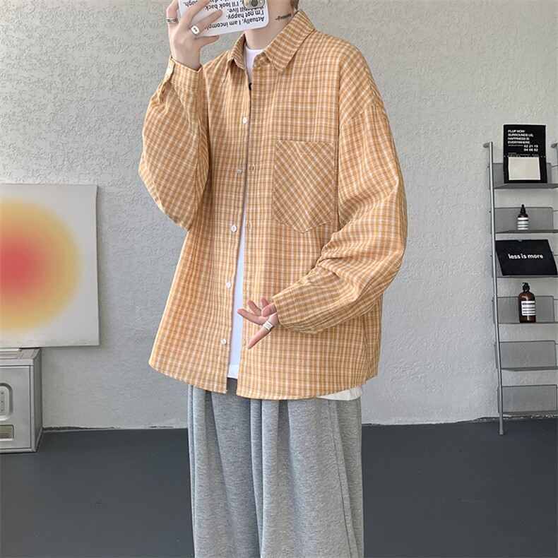 衬衫男春季新款港风宽松格子长袖衬衫CS802-特P28,男装衬衫,星座214-3