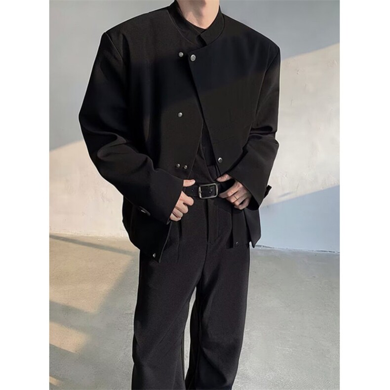 春季新中式垫肩斜门襟西服外套男解构设计感痞帅立领夹克XZ10,男装西服,星座1116A（原606A-3）