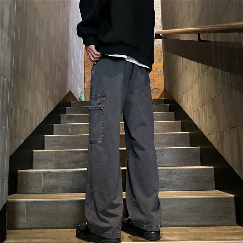 卡其色cleanfit牛仔裤男款春秋季美式复古水洗直筒宽松阔腿长裤子,男装休闲裤,电商B315