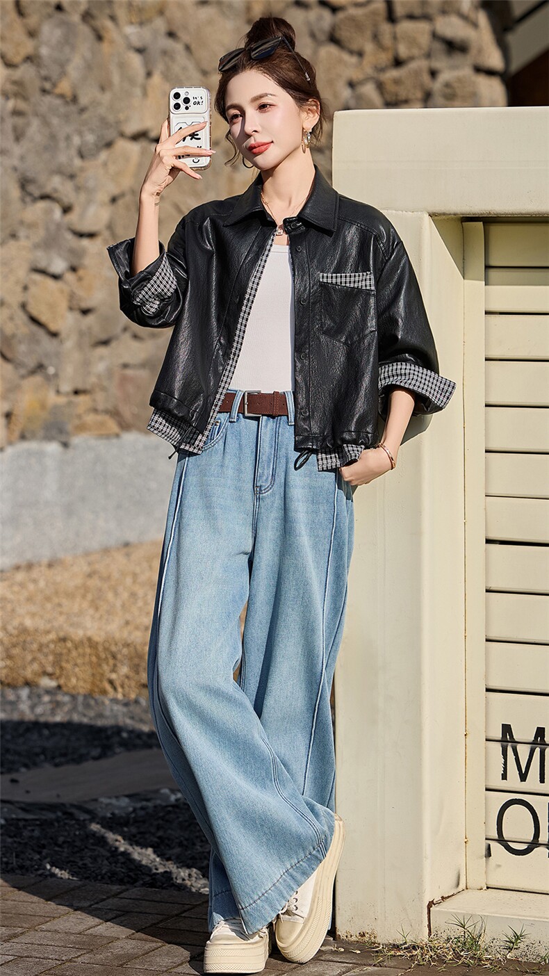 已出货春装新品假两件皮衣外套女新款高档时尚设计感百搭机车服,女装皮衣,吾爱衣