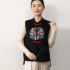 时尚民族风羊毛刺绣马甲女秋冬红色盘扣修身显瘦无袖外套，女装马甲，米咔羊绒