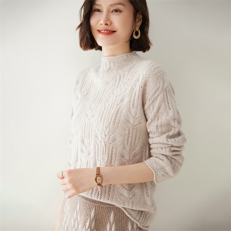 优雅镂空麻花半高领女士羊绒衫时尚百搭显瘦保暖毛衣,女装羊绒衫,迎冬羊绒