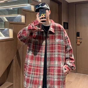 小香风棉服外套男款冬季加厚毛呢绒格纹衬衫高级工装夹克 W79图片