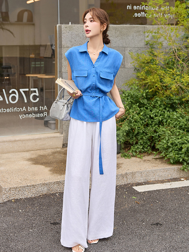 轻熟风气质套装女2025夏季新款时尚显瘦无袖马甲衬衫阔腿裤两件套,女装套装/套裙,艾仟回(原伊仟回)