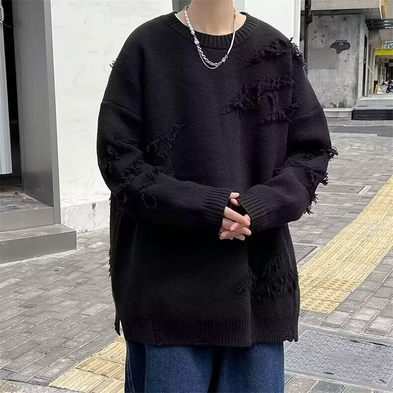 破洞毛衣男宽松潮流百搭休闲下摆开叉针织衫线衣外套外穿M14/P42,男装针织衫/毛衣,星座506
