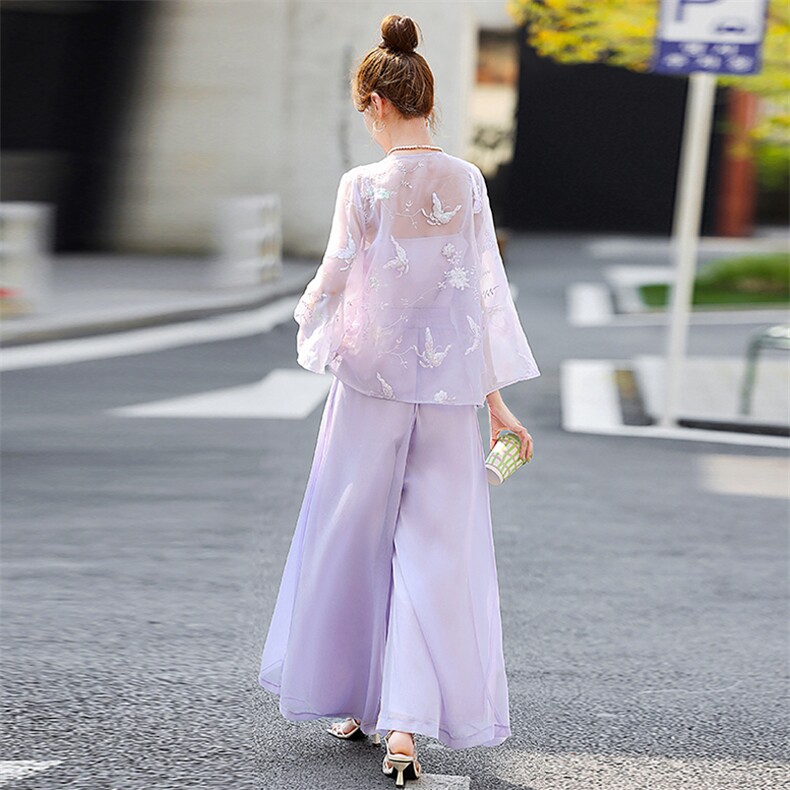 新中式刺绣紫色套装女2025夏季新款高级感优雅仙气阔腿裙裤三件套,女装套装/套裙,歌伊格美