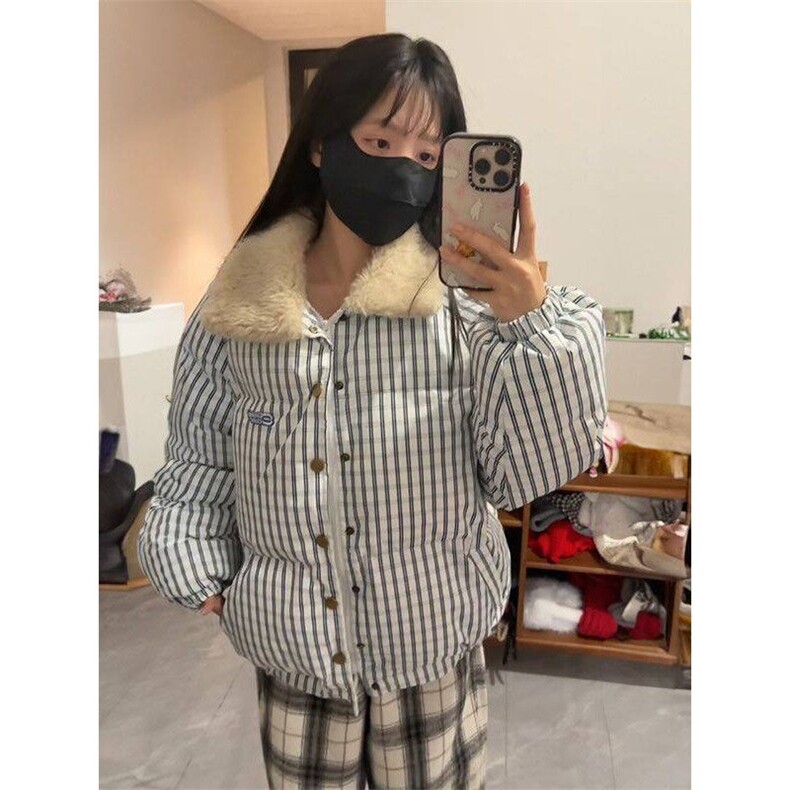 韩版复古条纹翻领棉服外套女学生冬季美式加厚简约保暖面包服棉衣,男装棉衣,星座506A