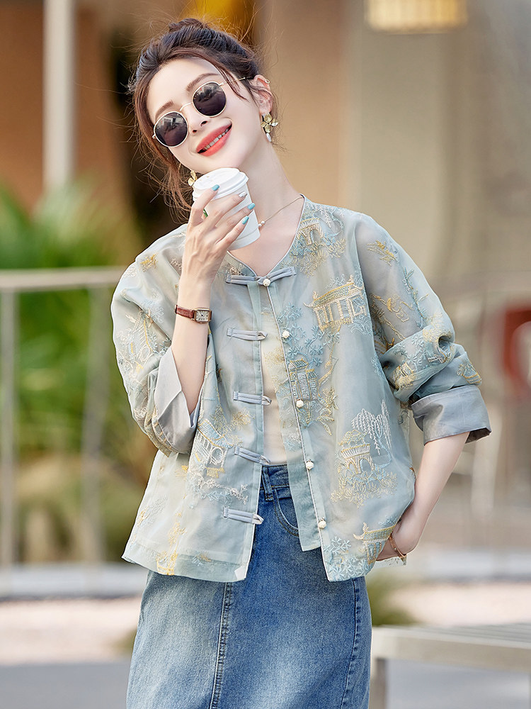 新中式外套女夏2025小个子新款百搭刺绣唐装薄外套防晒衣上衣,女装短外套,韩蜜菓