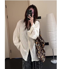 慵懒风镂空白色针织衫上衣女早春2025新款设计感小众百搭开衫外套，女装针织衫/毛衣，星座506A
