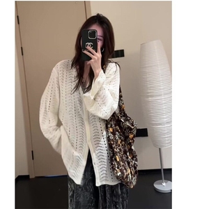 慵懒风镂空白色针织衫上衣女早春2025新款设计感小众百搭开衫外套