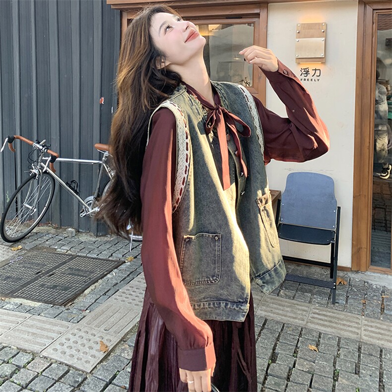 安哥拉红温柔风套装裙女2025秋季新款牛仔马甲打底衫半身裙三件套,女装套装/套裙,秋水欣儿