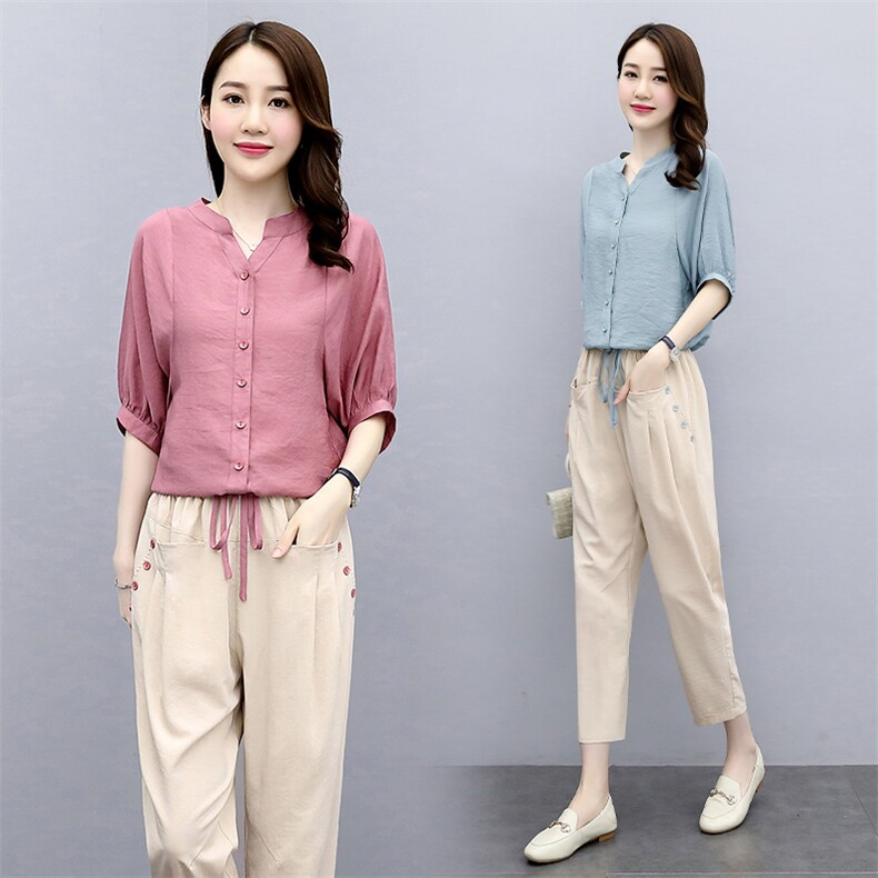 小个子棉麻套装女2025夏季新款休闲时尚妈妈气质遮肚子亚麻两件套，女装套装/套裙，关键词