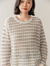 秋季新款镂空条纹圆领针织珊时尚休闲百搭，女装针织衫/毛衣，鸥蕊娅羊绒