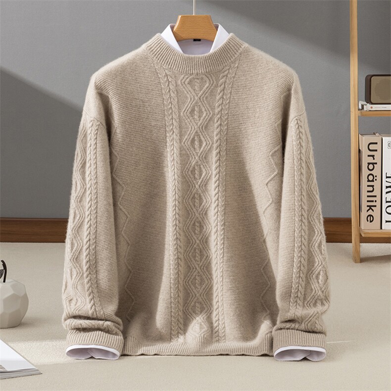2025年秋季新款百搭男士麻花提花长袖半高领羊绒衫，男装羊绒套衫，牧群羊绒