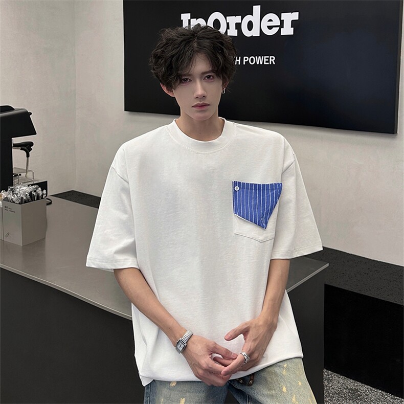 韩式简约短袖T恤设计感T恤美式复古条纹口袋短袖T恤半袖特批30,男装T恤,电商B319