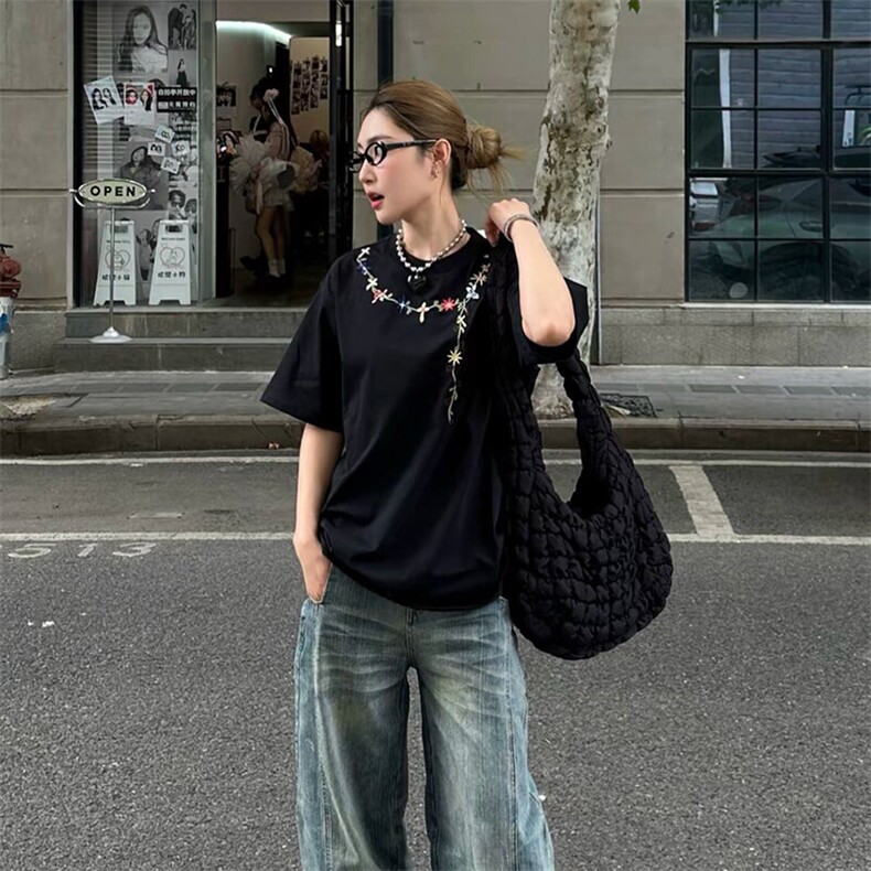 万针全刺绣工艺抖音得物高品质260克重磅纯棉双纱美式高街短袖T恤,男装T恤,电商A486-1