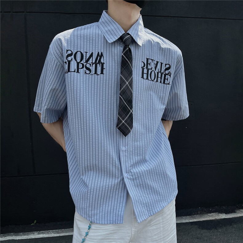 2025夏季新款学院风泡泡棉条纹领带短袖衬衫男上衣CS2501-p45控68,男装T恤,星座216(原A116)