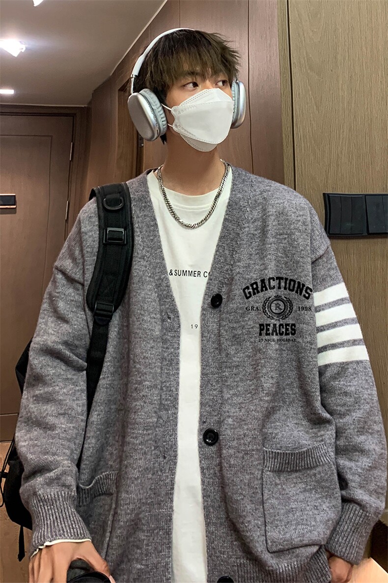 港风秋冬新款宽松开衫四条杠男女情侣毛衣M6352P65控78,男装针织衫/毛衣,电商A268A