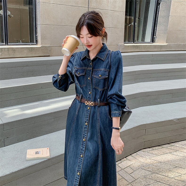 独特超好看长袖牛仔连衣裙女早秋2025新款收腰显瘦气质减龄衬衫裙，女装连衣裙，秋水欣儿