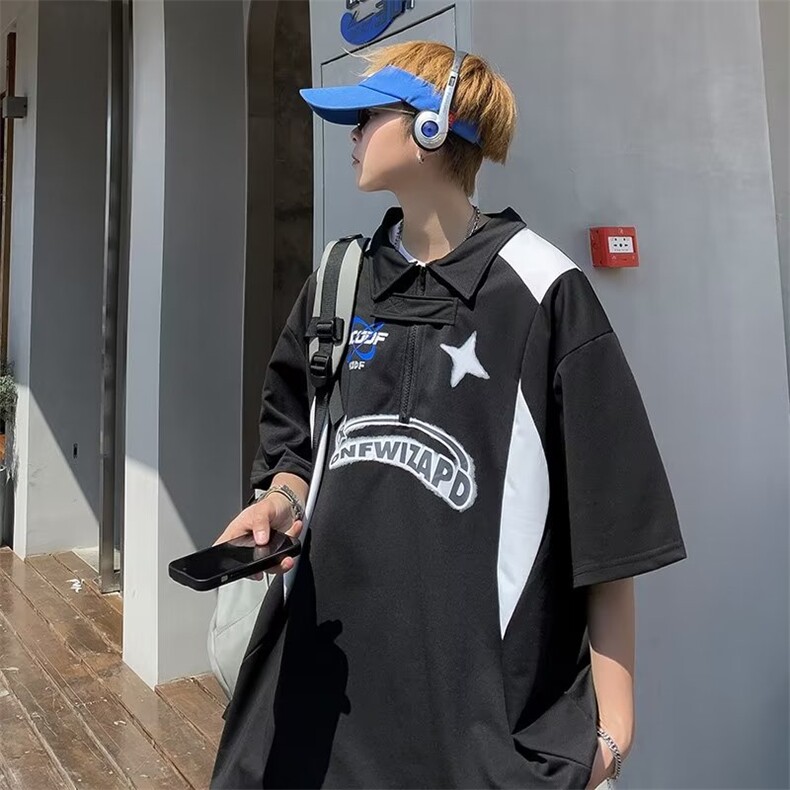 美式polo衫男女短袖夏季新款宽松体恤半拉链翻领潮牌T恤PA13-P32,男装Polo衫,星座1008