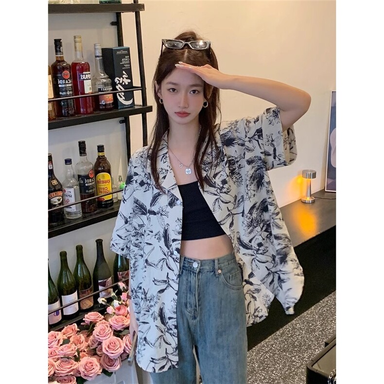 新中式水墨印花衬衫夏季女小个子宽松短袖复古港风碎花设计感上衣,男装衬衫,星座506A