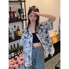 新中式水墨印花衬衫夏季女小个子宽松短袖复古港风碎花设计感上衣，男装衬衫，星座506A
