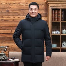 中老年羽绒服男士中长款加厚防寒中年休闲白鸭绒连帽可脱卸外套，男装羽绒服，钱塘6003（原4033）