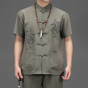 风高品质刺绣唐装男装夏季中老年人棉麻中式汉服爸爸套装图片