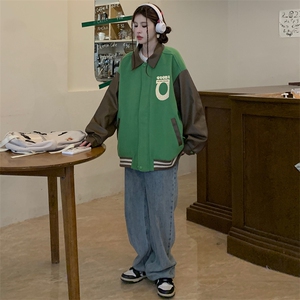 春秋美式复古pu皮拼接夹克外套男女同款棒球服潮C331-P85图片