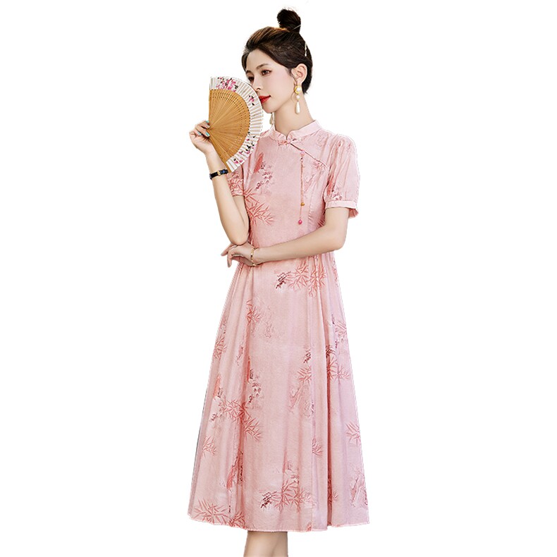 碎花改良旗袍连衣裙女2025年夏季新款新中式立领风裙子,女装连衣裙,维一诺（1D095）