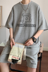 套装！华夫格套装男T恤短裤两件套大码港风TZ115-P50图片
