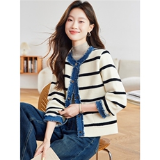 2025秋装新款气质条纹保暖针织拼接水洗牛仔开衫外套女，女装针织衫/毛衣，时尚风爆