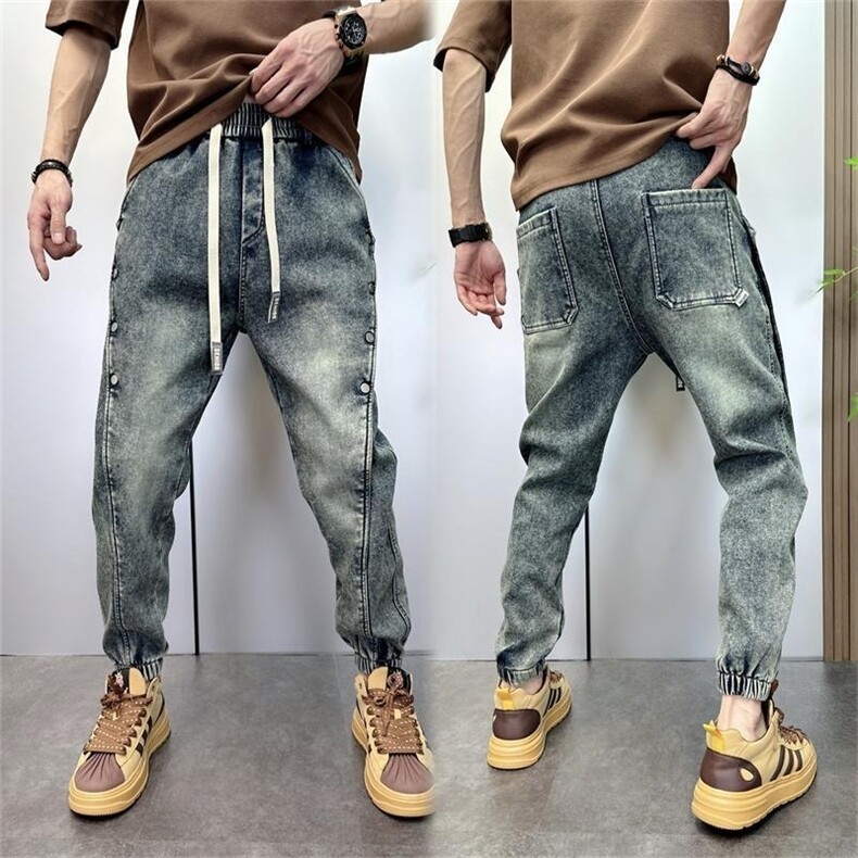 简约男长裤做旧弹力牛仔裤束脚裤日系新款原宿文艺潮流图片